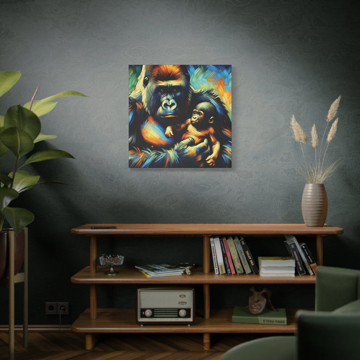 Gorilla Holding Baby Expressionist Canvas Art Print