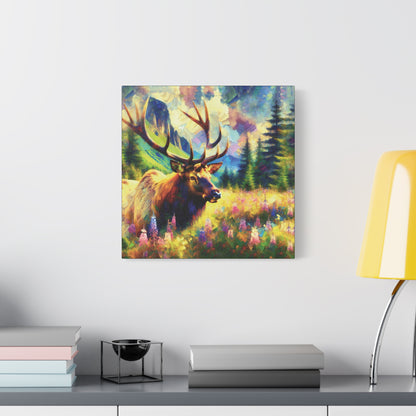 Bull Elk in Mountain Meadow Impressionist Canvas Art Print