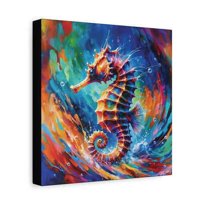Colorful painting of a seahorse on a swirling background