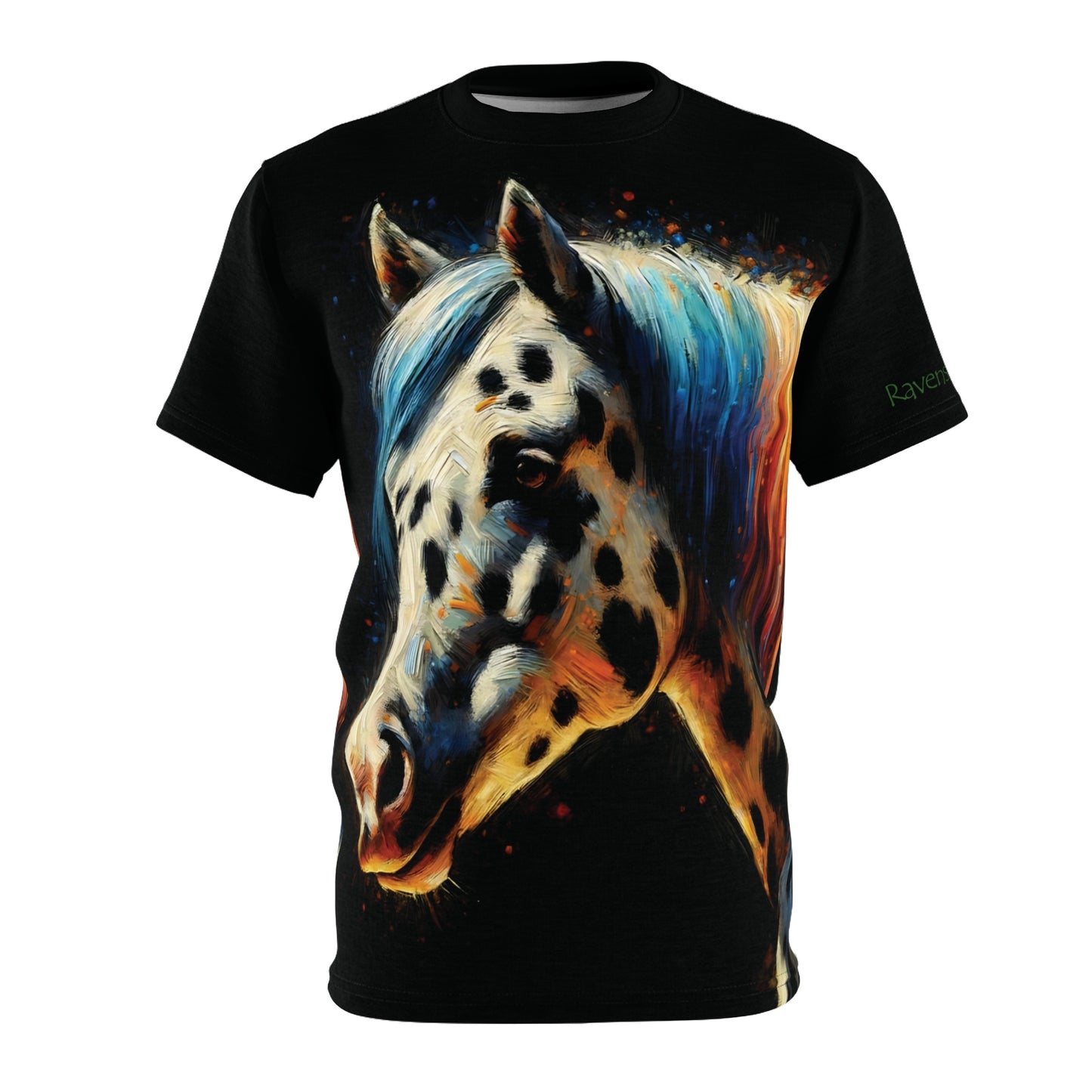 Black t-shirt with a colorful horse design on a white background