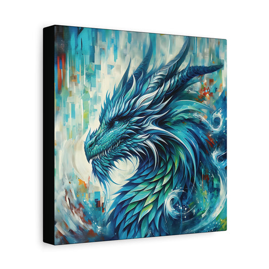 A canvas wall art print of a modern impressionist style blue dragon with abstract elements.