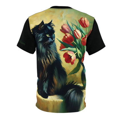 The Artist's Black Cat with Red Tulips Vibrant Art Tee | Colorful Unisex Cut & Sew T-Shirt, Wildlife Apparel, Unique Graphic Tee, Birthday Gift
