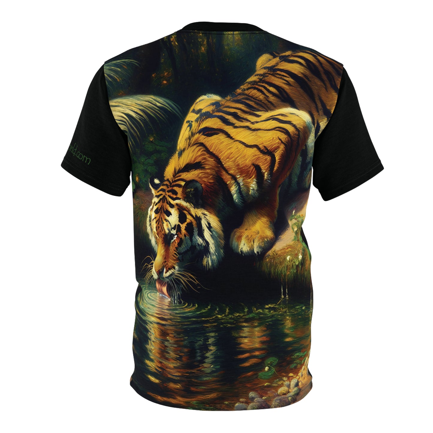 Tiger Drinking Vibrant Art Tee | Colorful Unisex Cut & Sew T-Shirt, Wildlife Apparel, Unique Graphic Tee, Birthday Gift