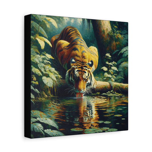 Tiger at Pond Impressionist Canvas Art Print