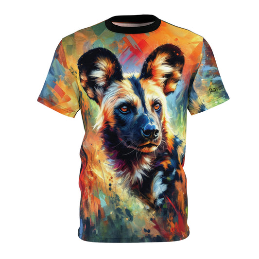 T-shirt with a colorful wild African dog illustration on a white background