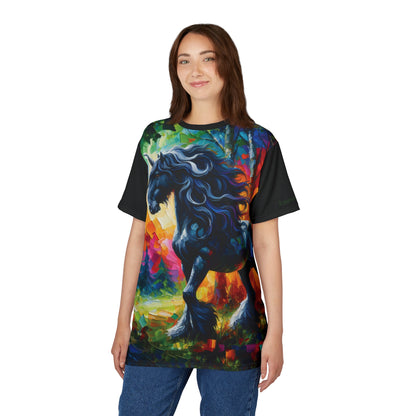 Elegant Black Stallion Unicorn Art Tee | Colorful Unisex Cut & Sew T-Shirt, Wildlife Apparel, Unique Graphic Tee