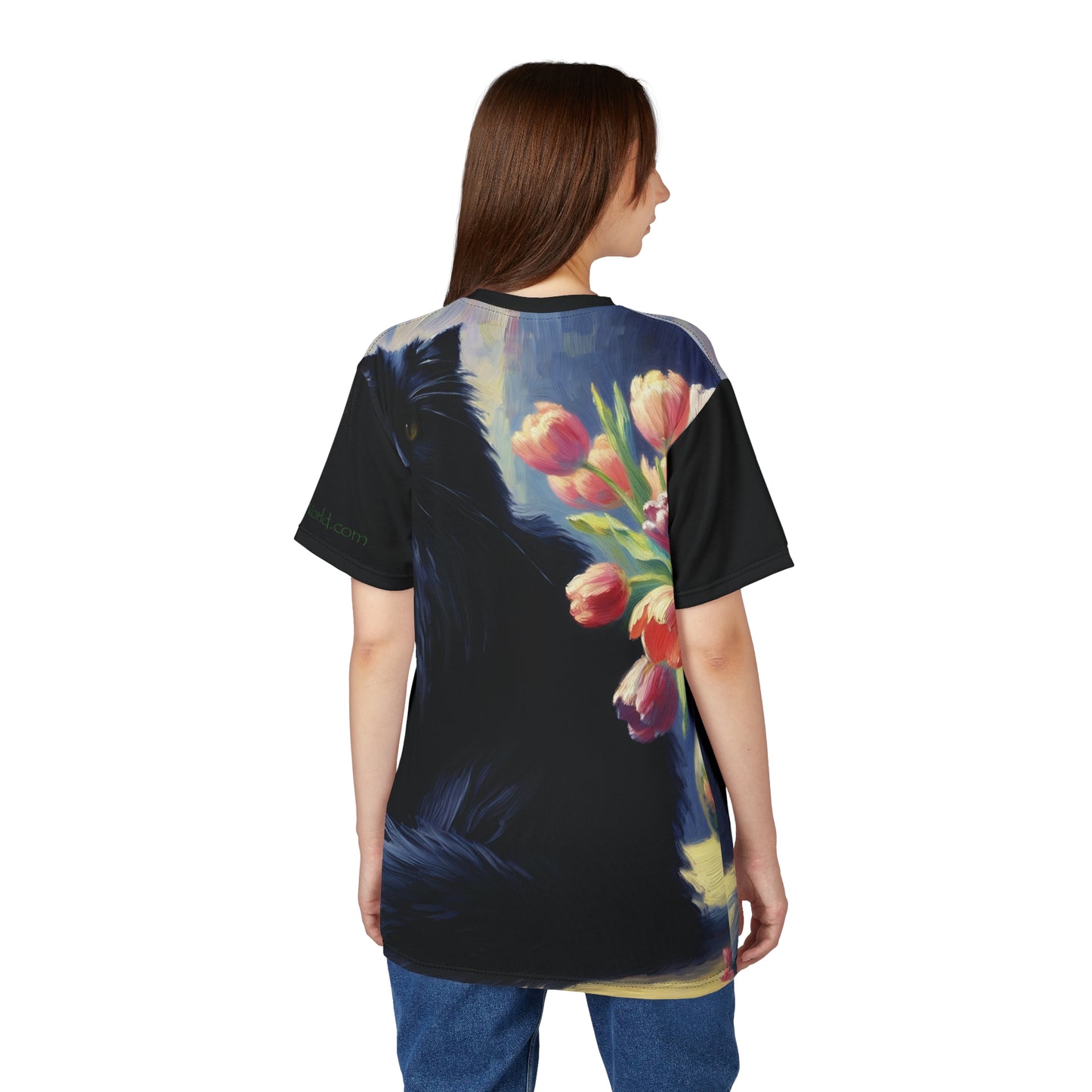 The Artist's Black Cat with Pink Tulips Vibrant Art Tee | Colorful Unisex Cut & Sew T-Shirt, Wildlife Apparel, Unique Graphic Tee, Birthday Gift