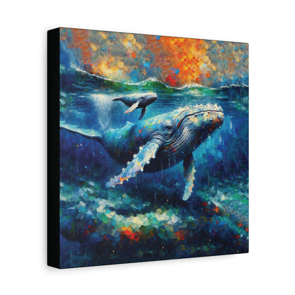 Canvas print of a humpback whale and calf in an ocean scene with a colorful sky.