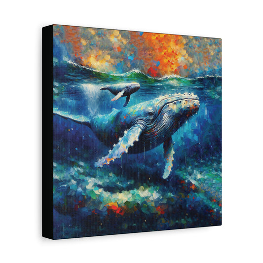 Canvas print of a humpback whale and calf in an ocean scene with a colorful sky.