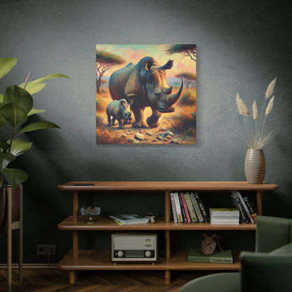 Rhino with Baby Impressionist Canvas Wall Art