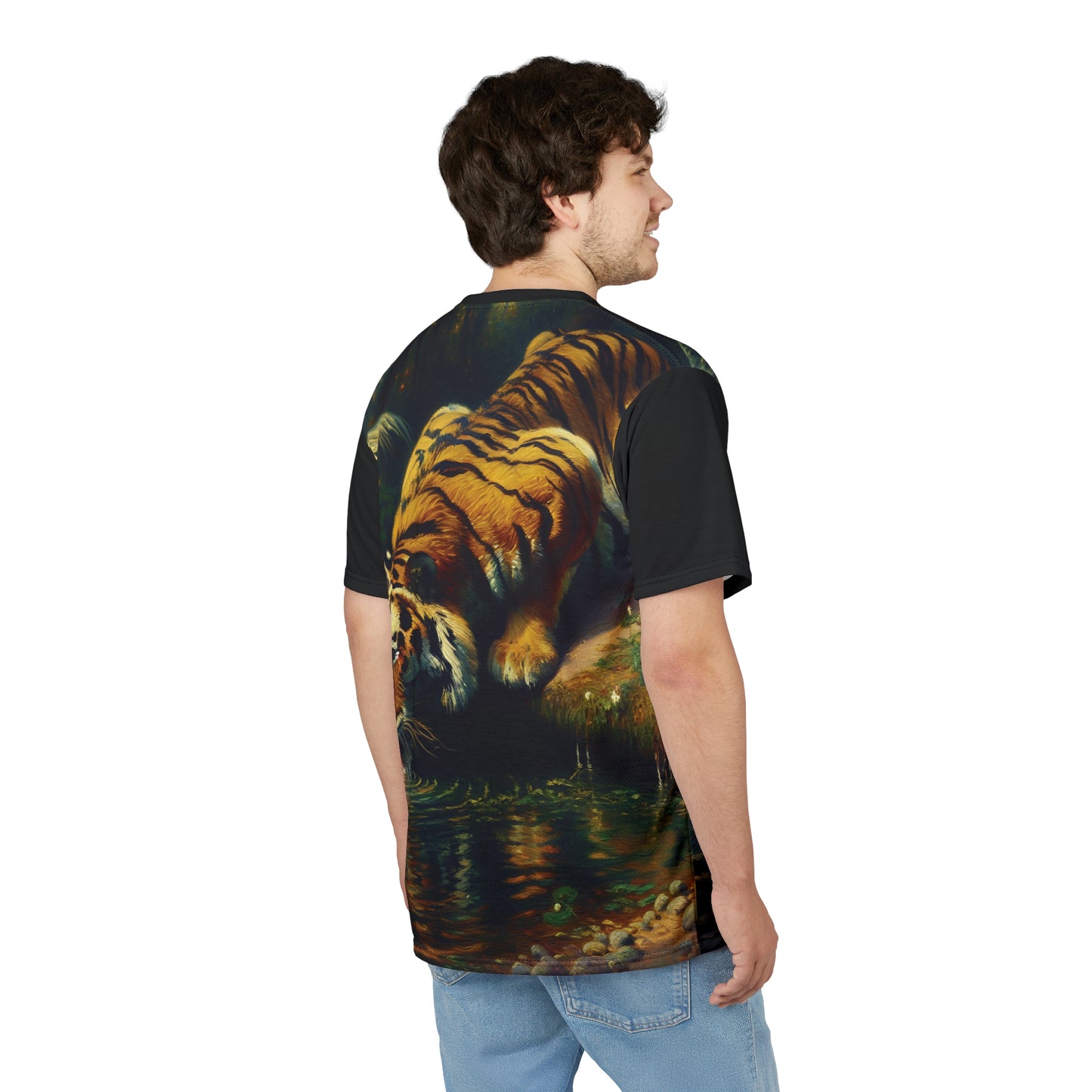 Tiger Drinking Vibrant Art Tee | Colorful Unisex Cut & Sew T-Shirt, Wildlife Apparel, Unique Graphic Tee, Birthday Gift