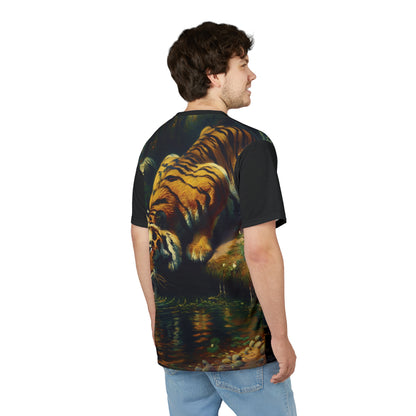 Tiger Drinking Vibrant Art Tee | Colorful Unisex Cut & Sew T-Shirt, Wildlife Apparel, Unique Graphic Tee, Birthday Gift