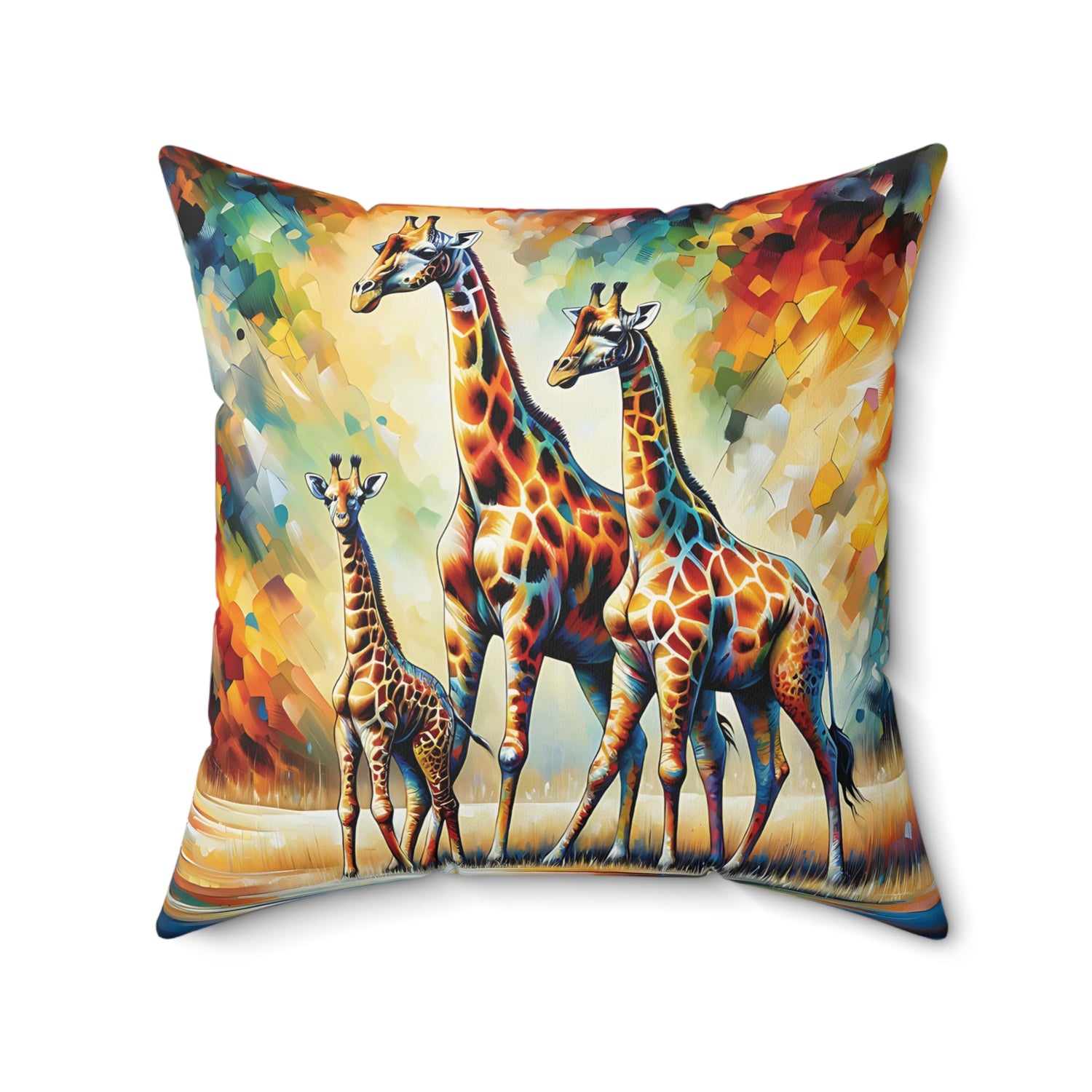 Decorative pillow with a colorful design of three giraffes