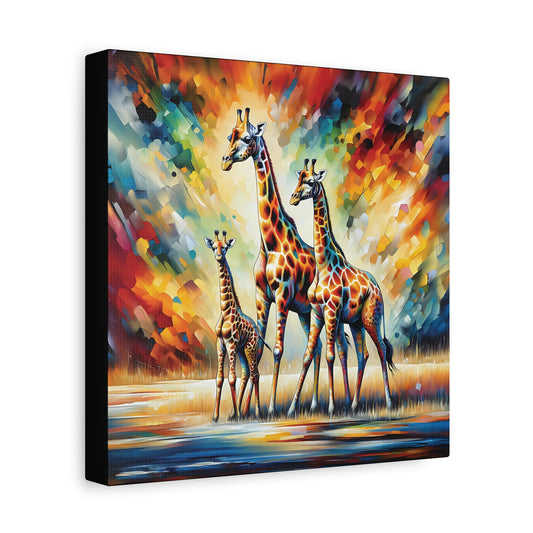 Colorful painting of three giraffes on an abstract background