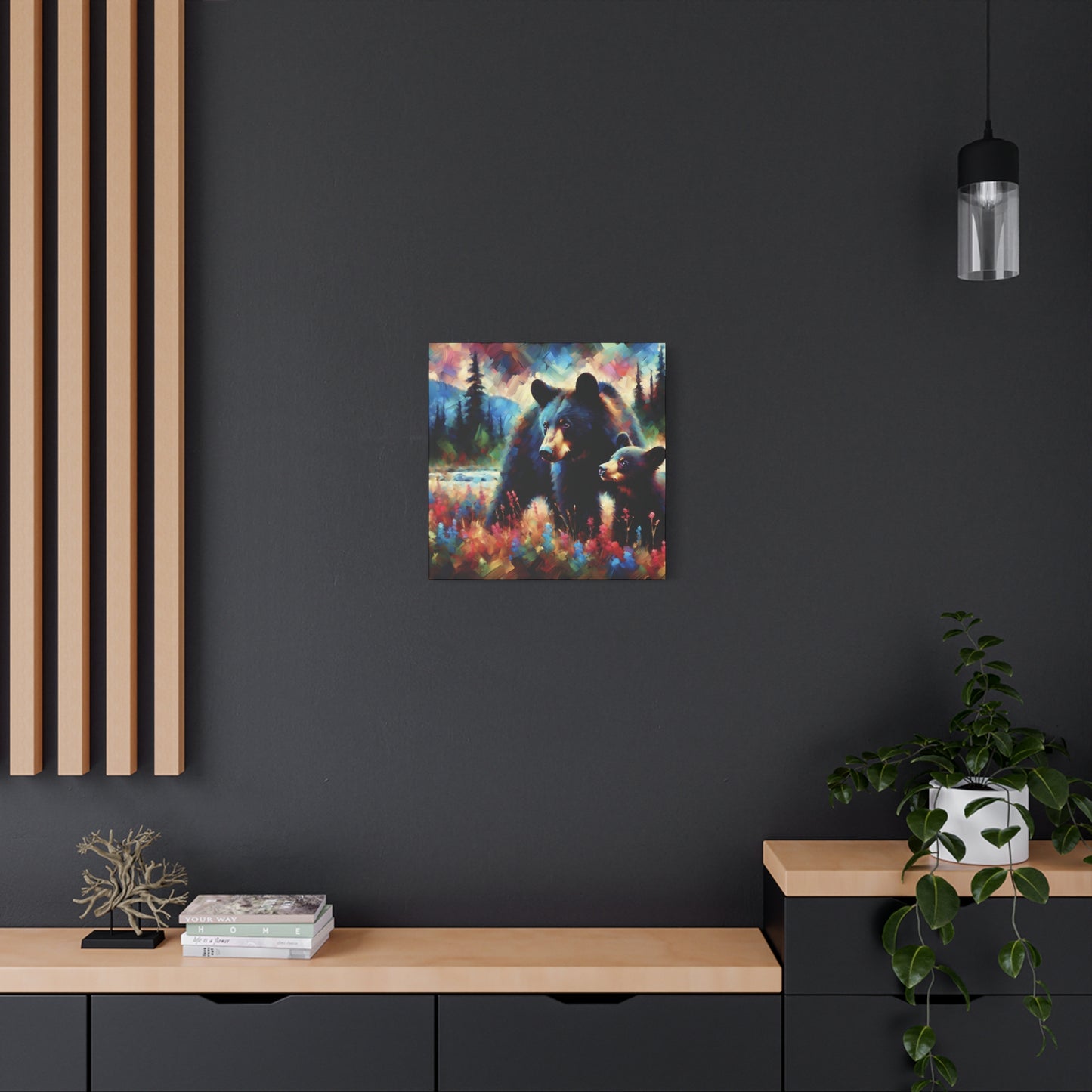 Canvas Wall Art - Black Bear with Cub in Forest Clearing  - Contemporary Impressionist Art Print