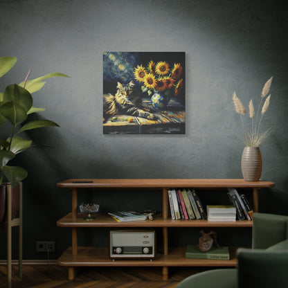 Canvas Wall Art - Grey Tabby Cat with Sunflowers - Old Master Style Art