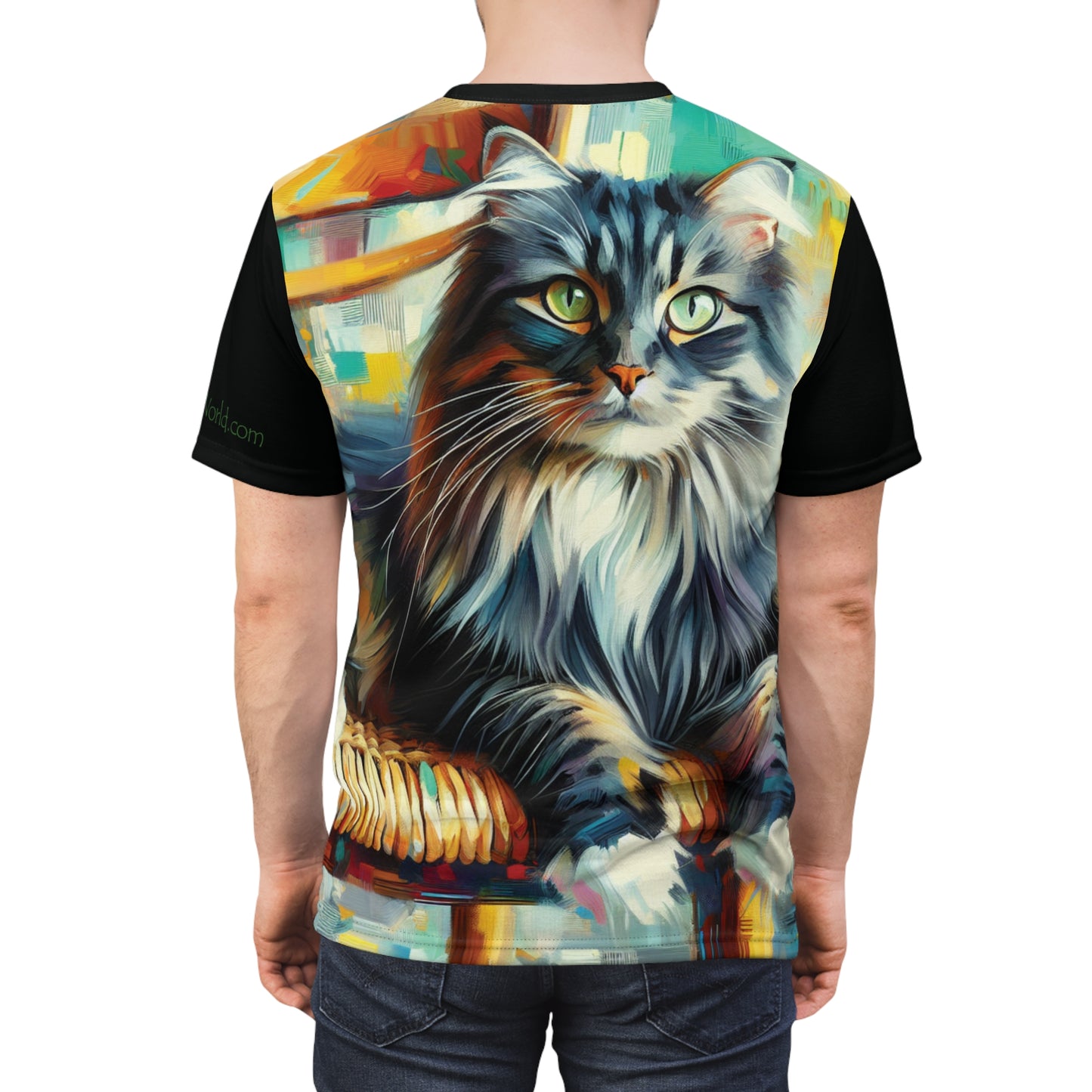 Longhaired Cat on Wooden Chair Vibrant Art Tee | Colorful Unisex Cut & Sew T-Shirt, Wildlife Apparel, Unique Graphic Tee, Birthday Gift
