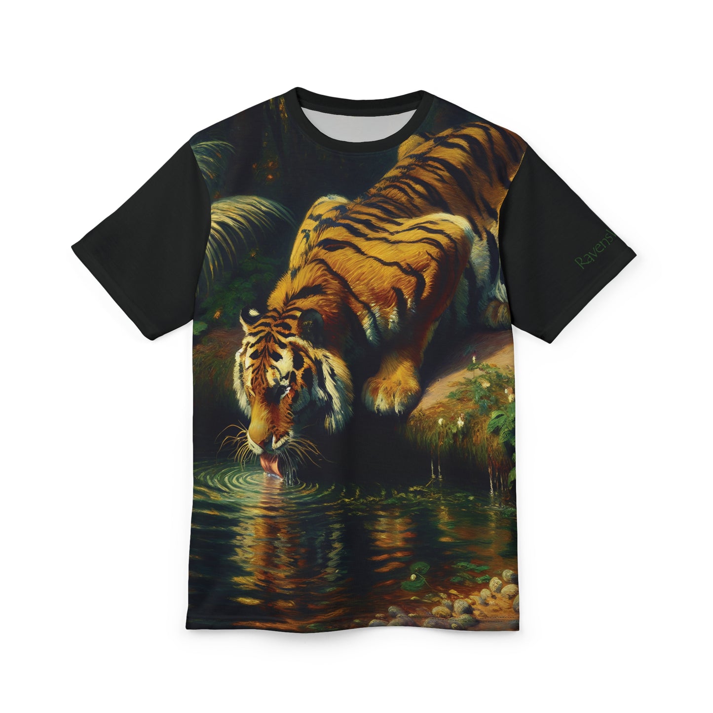 Tiger Drinking Vibrant Art Tee | Colorful Unisex Cut & Sew T-Shirt, Wildlife Apparel, Unique Graphic Tee, Birthday Gift