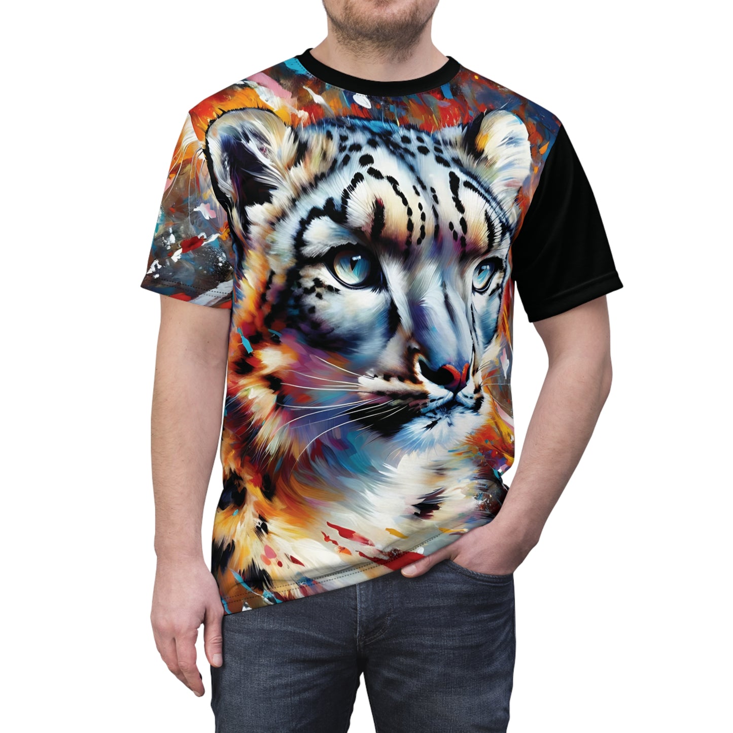 Colorful Snow Leopard Vibrant Art Tee | Colorful Unisex Cut & Sew T-Shirt, Wildlife Apparel, Unique Graphic Tee, Birthday Gift