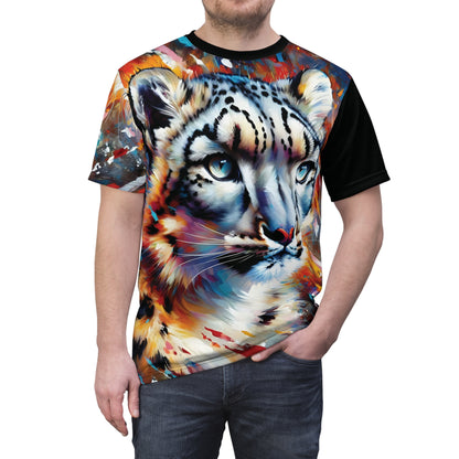 Colorful Snow Leopard Vibrant Art Tee | Colorful Unisex Cut & Sew T-Shirt, Wildlife Apparel, Unique Graphic Tee, Birthday Gift
