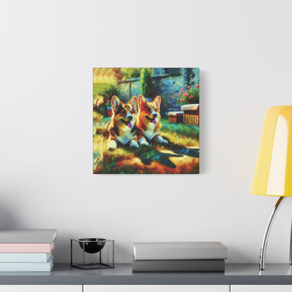 Canvas Wall Art - Pembroke Corgi Pair Resting in Garden - Contemporary Impressionist Print