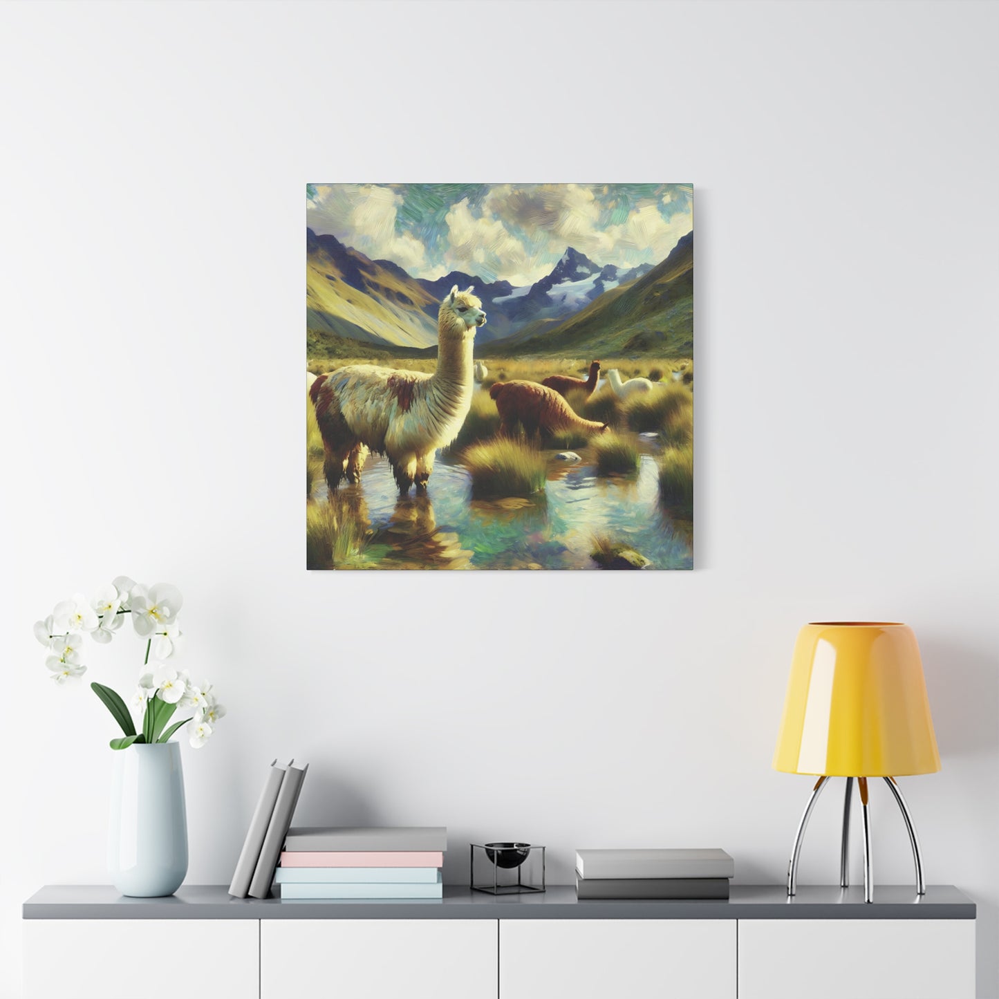 Alpacas in the Andes Canvas Art Print | Impressionist Wildlife Art