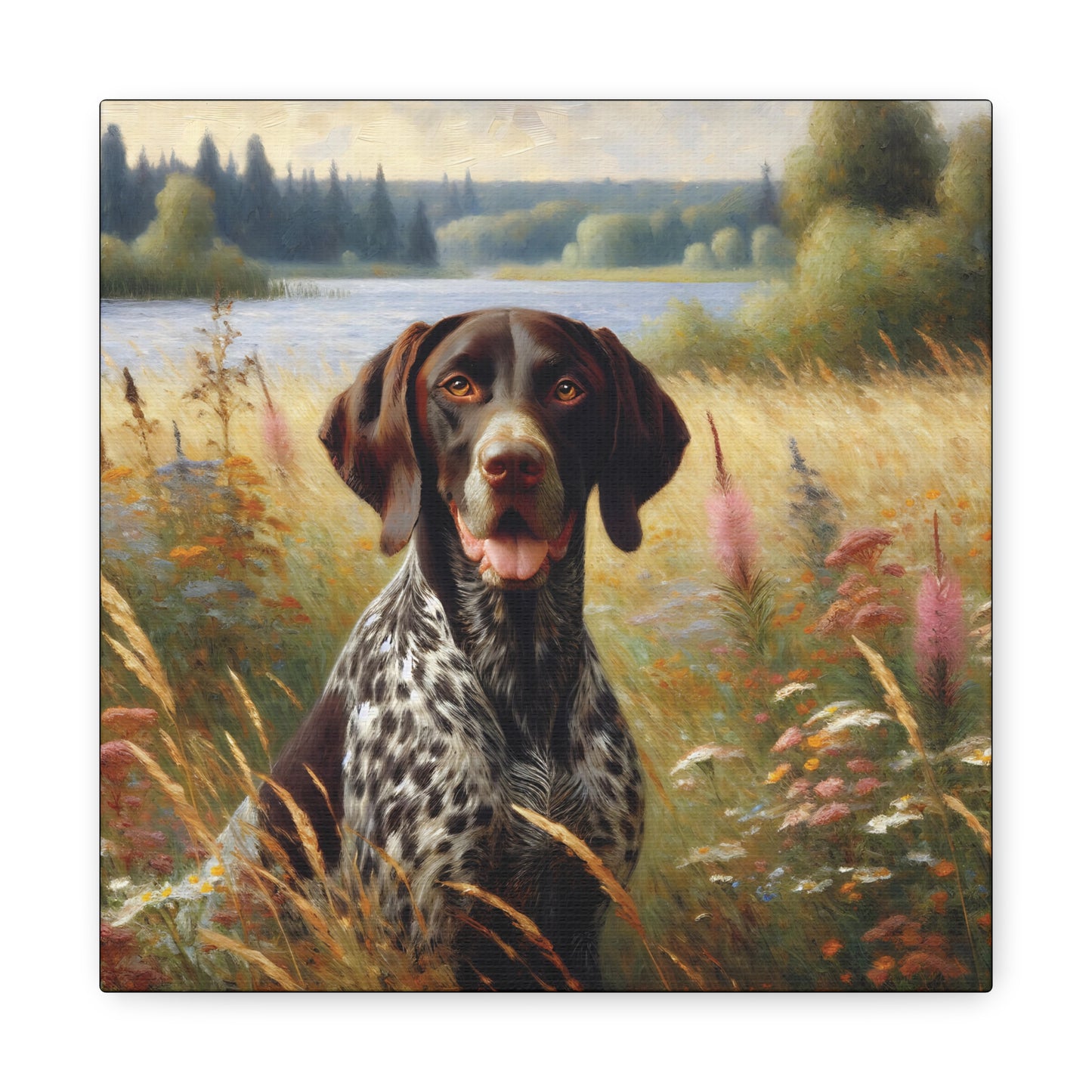 German Shorthaired Pointer by Lake, Canvas Wall Art in Impressionist Style