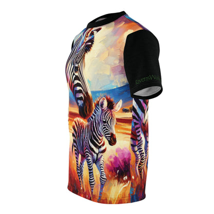 Zebra and Foal Art Tee | Colorful Unisex Cut & Sew T-Shirt, Wildlife Apparel, Unique Graphic Tee, Birthday Gift