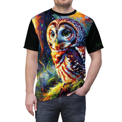 Barred Owl at Sunset Vibrant Art Tee | Colorful Unisex Cut & Sew T-Shirt, Wildlife Apparel, Unique Graphic Tee, Birthday Gift
