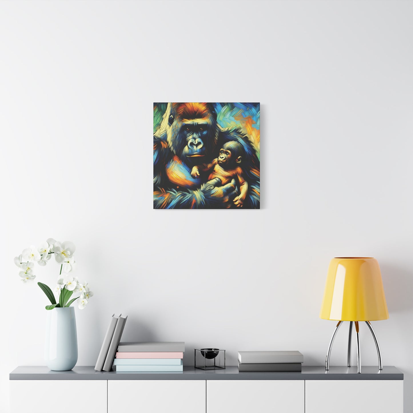 Gorilla Holding Baby Expressionist Canvas Art Print