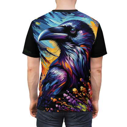 Colorful Raven Portrait Vibrant Art Tee | Colorful Unisex Cut & Sew T-Shirt, Wildlife Apparel, Unique Graphic Tee, Birthday Gift