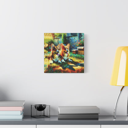 Canvas Wall Art - Pembroke Corgi Pair Resting in Garden - Contemporary Impressionist Print