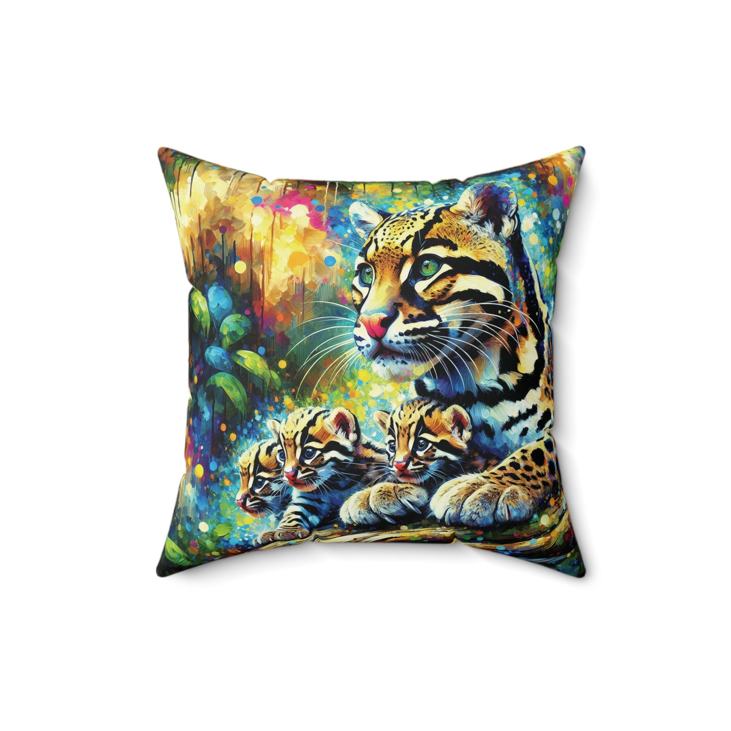 Clouded Leopard with Cubs - Square Pillow