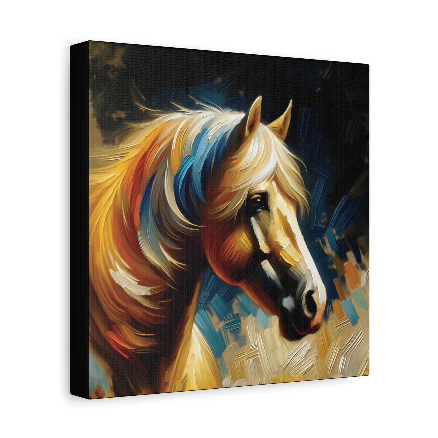 Canvas print of a colorful palomino horse painting on a dark background