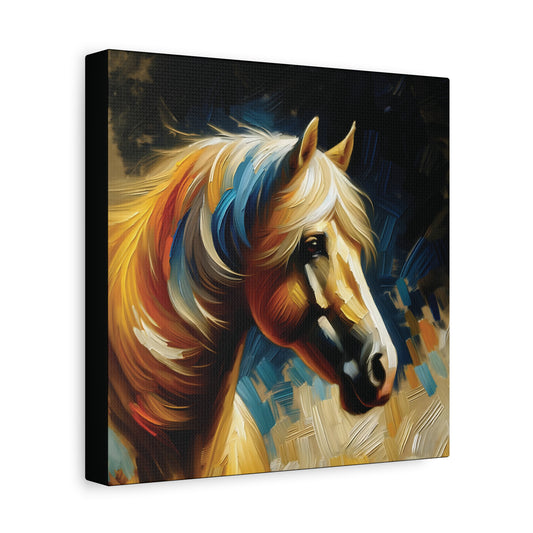 Canvas print of a colorful palomino horse painting on a dark background