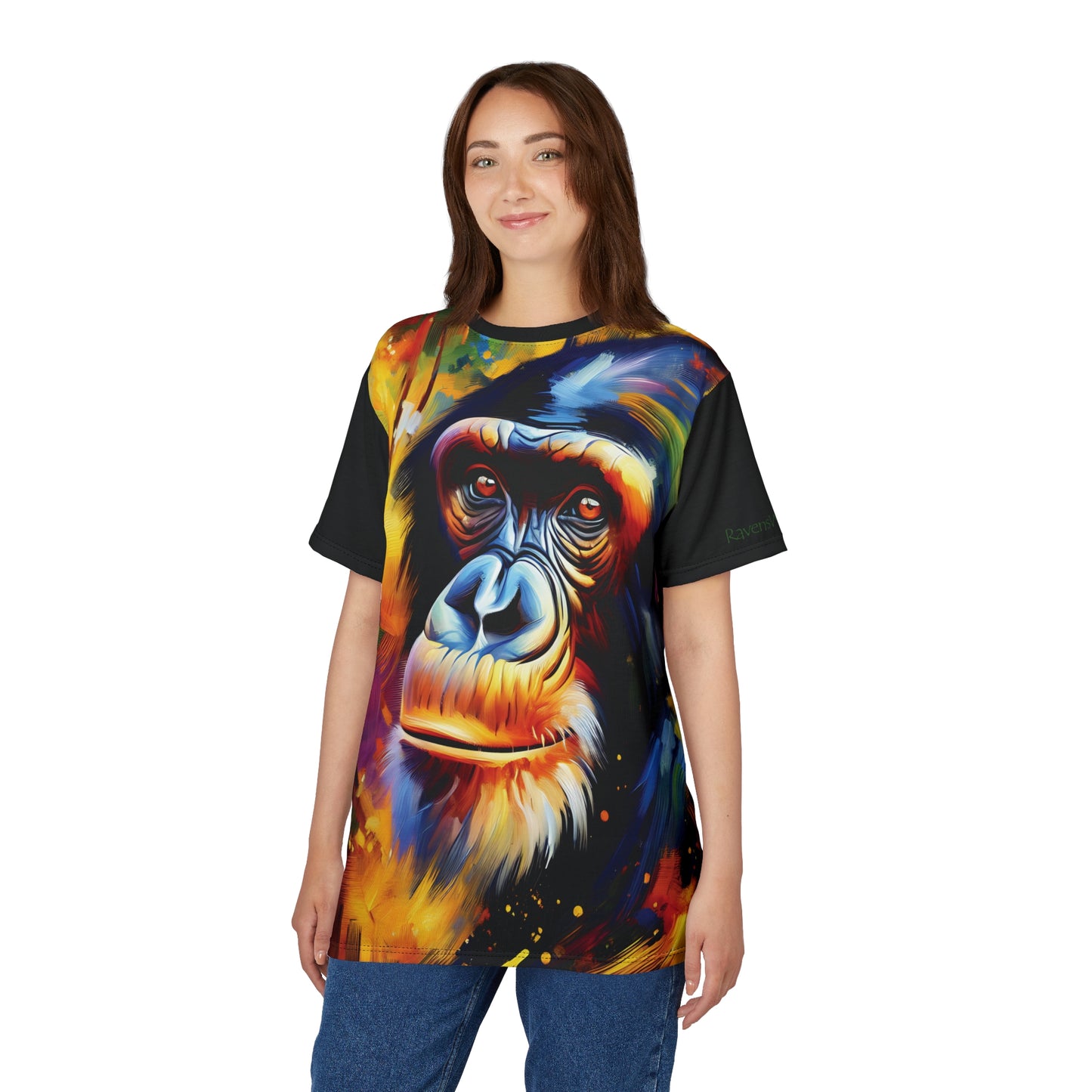 Curious Bonobo Vibrant Art Tee | Colorful Unisex Cut & Sew T-Shirt, Wildlife Apparel, Unique Graphic Tee, Birthday Gift
