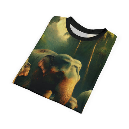Asiatic Elephant Herd at Watering Hole Vibrant Art Tee | Colorful Unisex Cut & Sew T-Shirt, Wildlife Apparel, Unique Graphic Tee, Birthday Gift