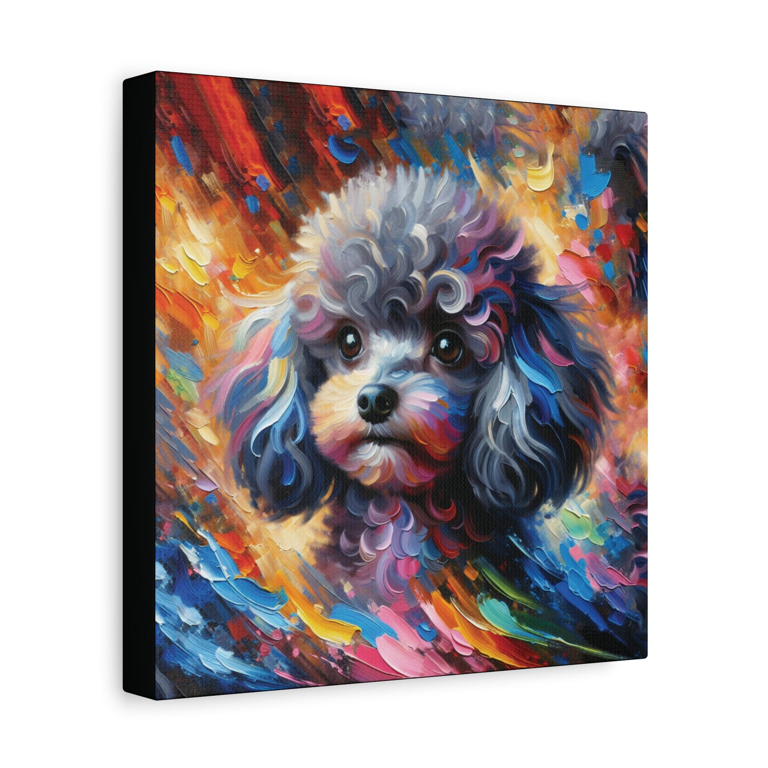 A colorful canvas wall art of a silver poodle puppy with a modern impressionist art style.