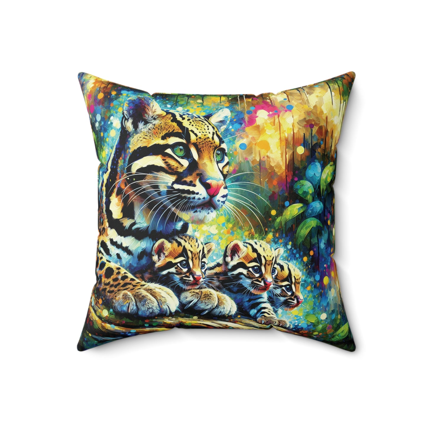 Clouded Leopard with Cubs - Square Pillow