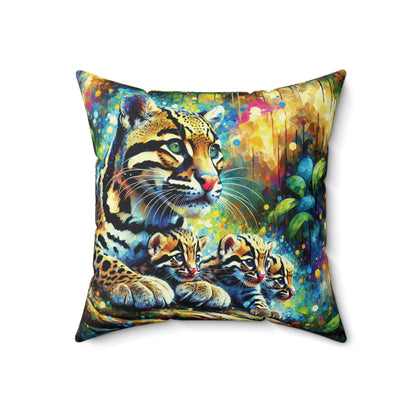 Clouded Leopard with Cubs - Square Pillow