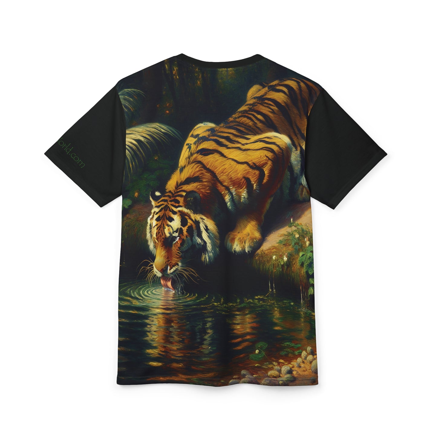 Tiger Drinking Vibrant Art Tee | Colorful Unisex Cut & Sew T-Shirt, Wildlife Apparel, Unique Graphic Tee, Birthday Gift