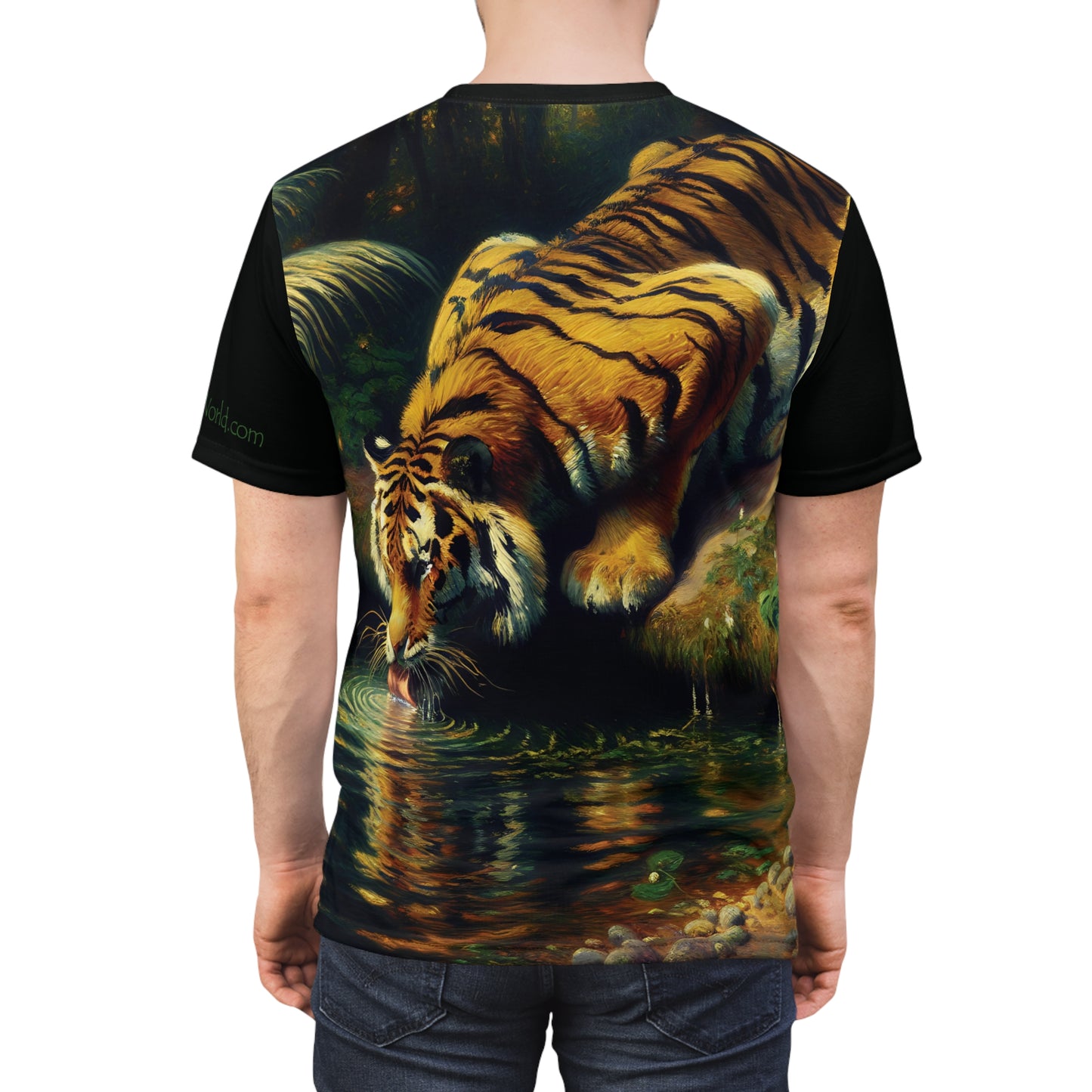 Tiger Drinking Vibrant Art Tee | Colorful Unisex Cut & Sew T-Shirt, Wildlife Apparel, Unique Graphic Tee, Birthday Gift