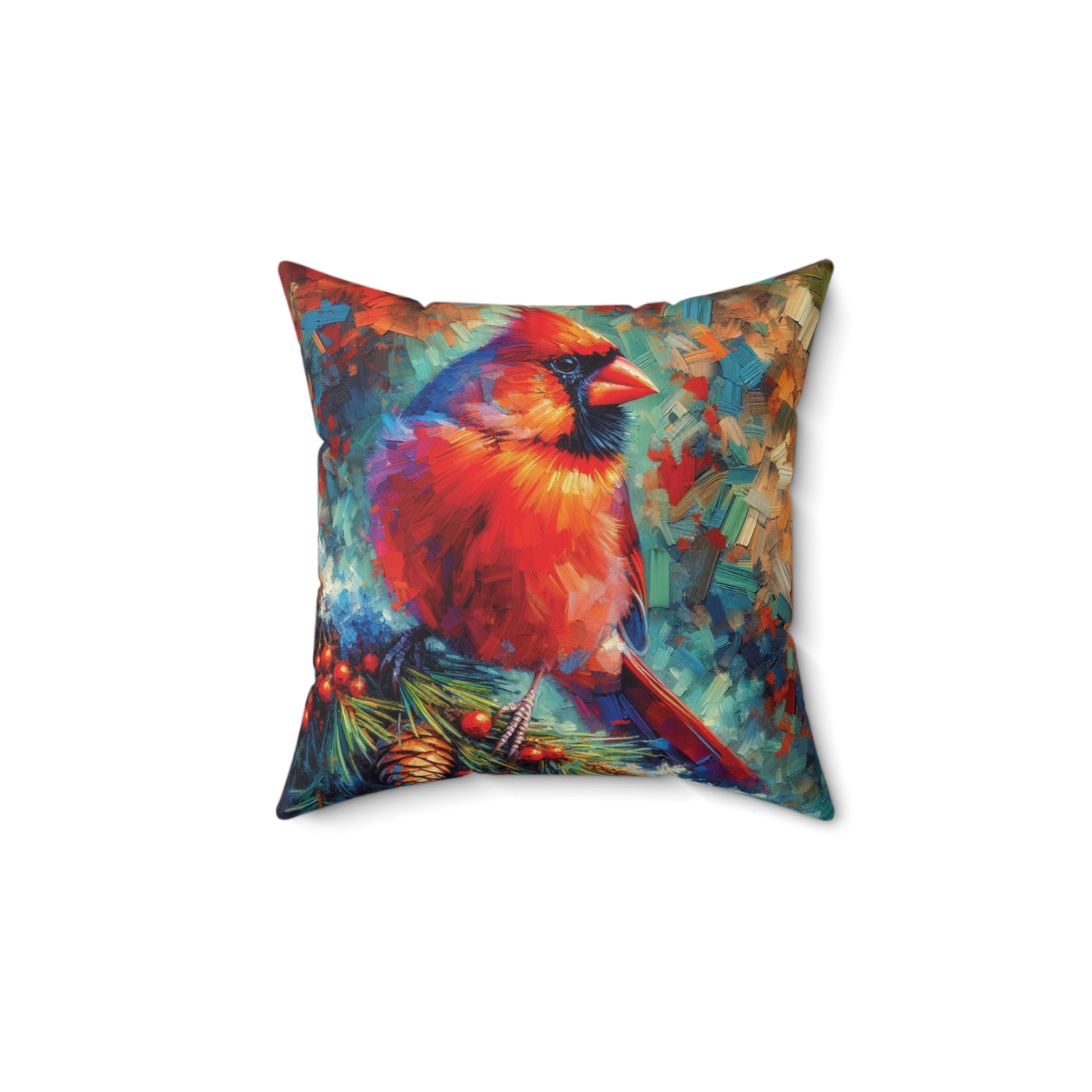 Cardinal with Berries - Square Pillow