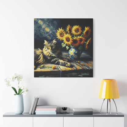 Canvas Wall Art - Grey Tabby Cat with Sunflowers - Old Master Style Art