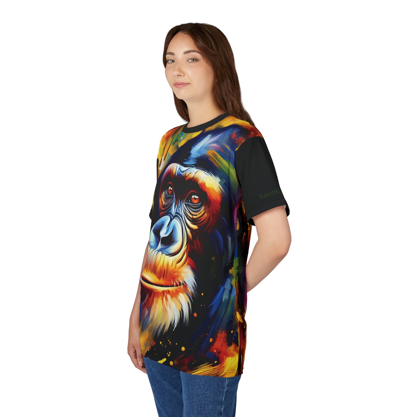 Curious Bonobo Vibrant Art Tee | Colorful Unisex Cut & Sew T-Shirt, Wildlife Apparel, Unique Graphic Tee, Birthday Gift