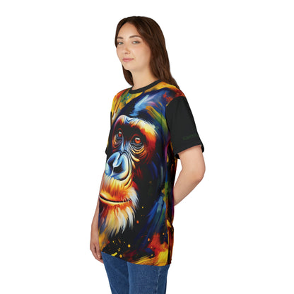 Curious Bonobo Vibrant Art Tee | Colorful Unisex Cut & Sew T-Shirt, Wildlife Apparel, Unique Graphic Tee, Birthday Gift