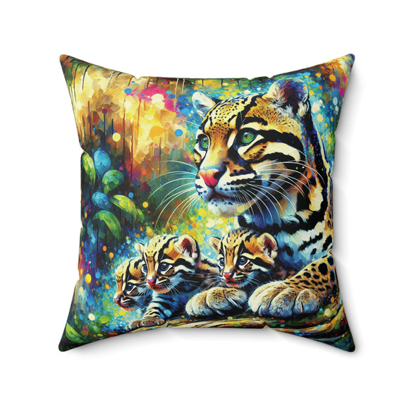 Clouded Leopard with Cubs - Square Pillow