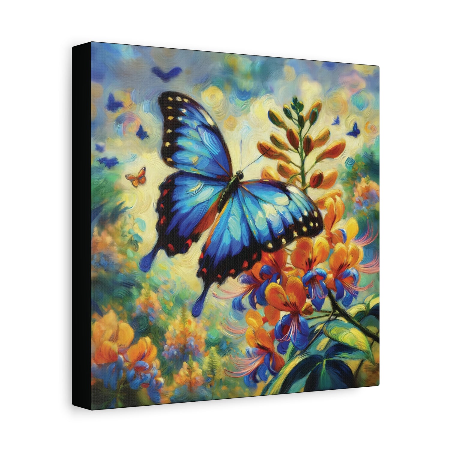 Canvas print of a blue butterfly on flowers with a colorful background