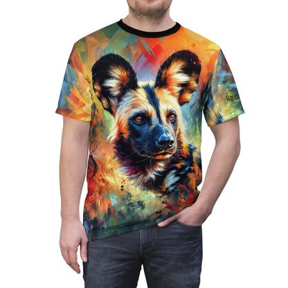 African Wild Dog Portrait Vibrant Art Tee | Colorful Unisex Cut & Sew T-Shirt, Wildlife Apparel, Unique Graphic Tee, Birthday Gift
