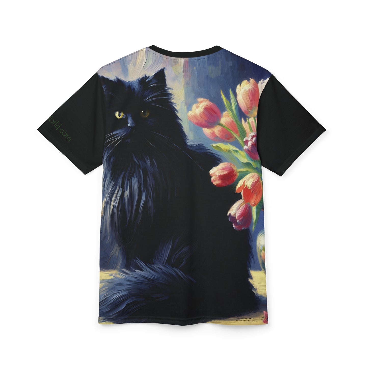 The Artist's Black Cat with Pink Tulips Vibrant Art Tee | Colorful Unisex Cut & Sew T-Shirt, Wildlife Apparel, Unique Graphic Tee, Birthday Gift